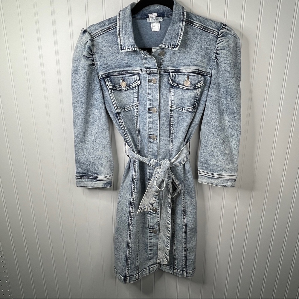 VENUS Blue Denim Dress Button Down Stretchy Midi Tie Waist Puff Sleeve Size 8 - Picture 7 of 8